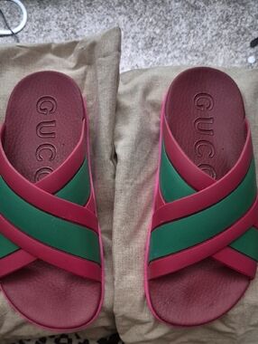 Gucci Pink and Green Cross-Strap Slide Sandals